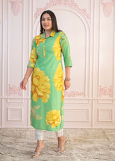 Green & Yellow Printed Viscose Kurta with Button Details-P1334GREEN